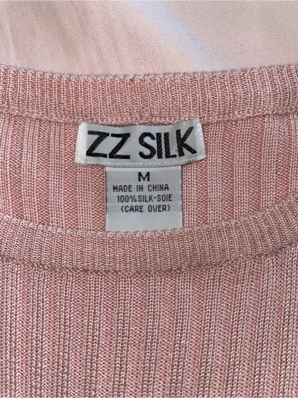 Women's Pink Ribbed Silk Crewneck Sweater